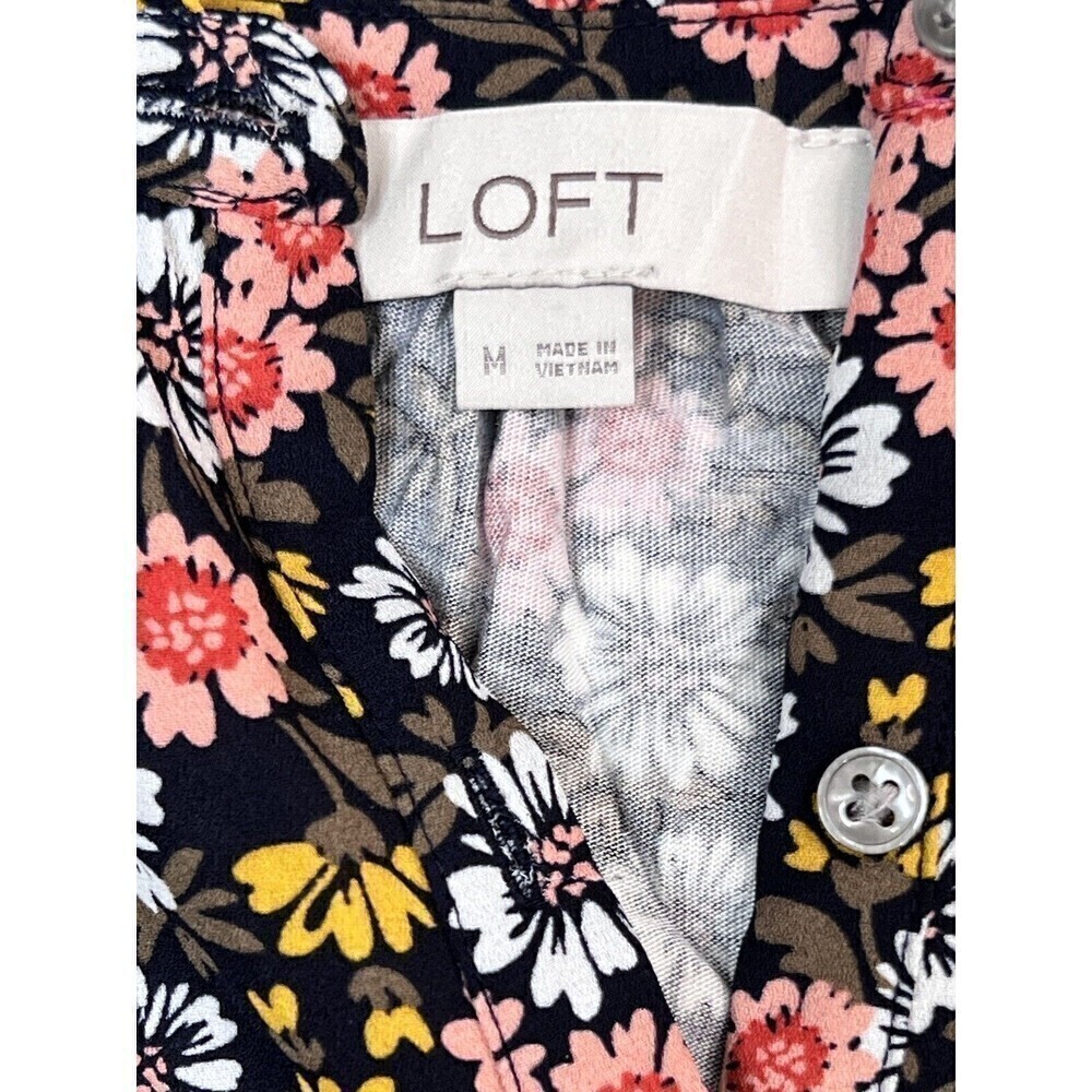 Ann Taylor Loft Sleeveless Womens V Neck Bold Print Ruffle Neck Top Sz Med